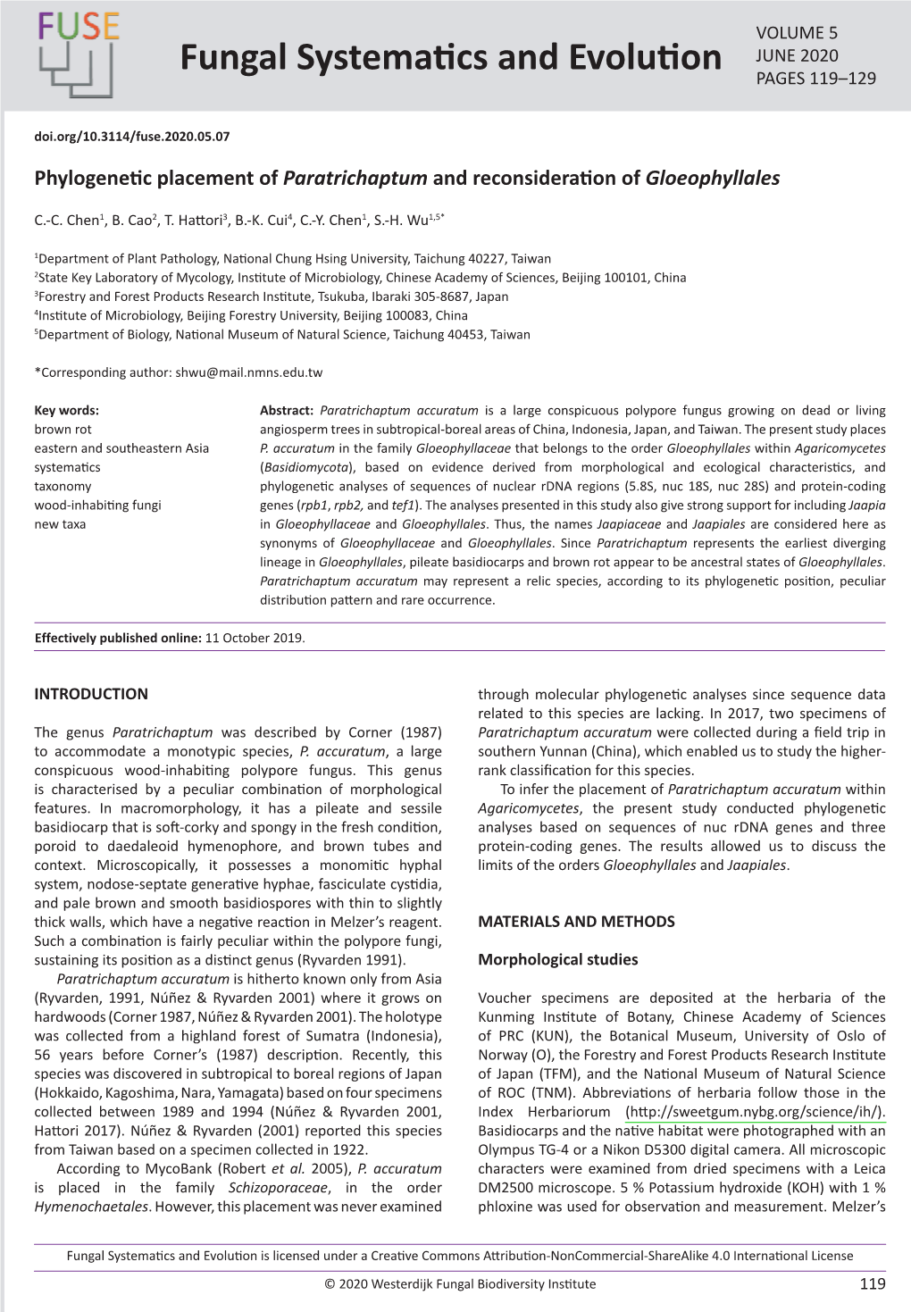 Phylogenetic Placement of Paratrichaptum and Reconsideration of Gloeophyllales