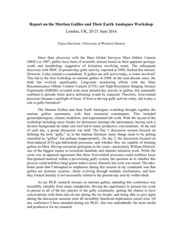 Report on the Martian Gullies and Their Earth Analogues Workshop London, UK, 20-21 June 2016