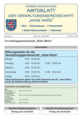DER VERWALTUNGSGEMEINSCHAFT „HOHE RHÖN“ M Birx M Erbenhausen M Frankenheim M Stadt Kaltennordheim M Oberweid