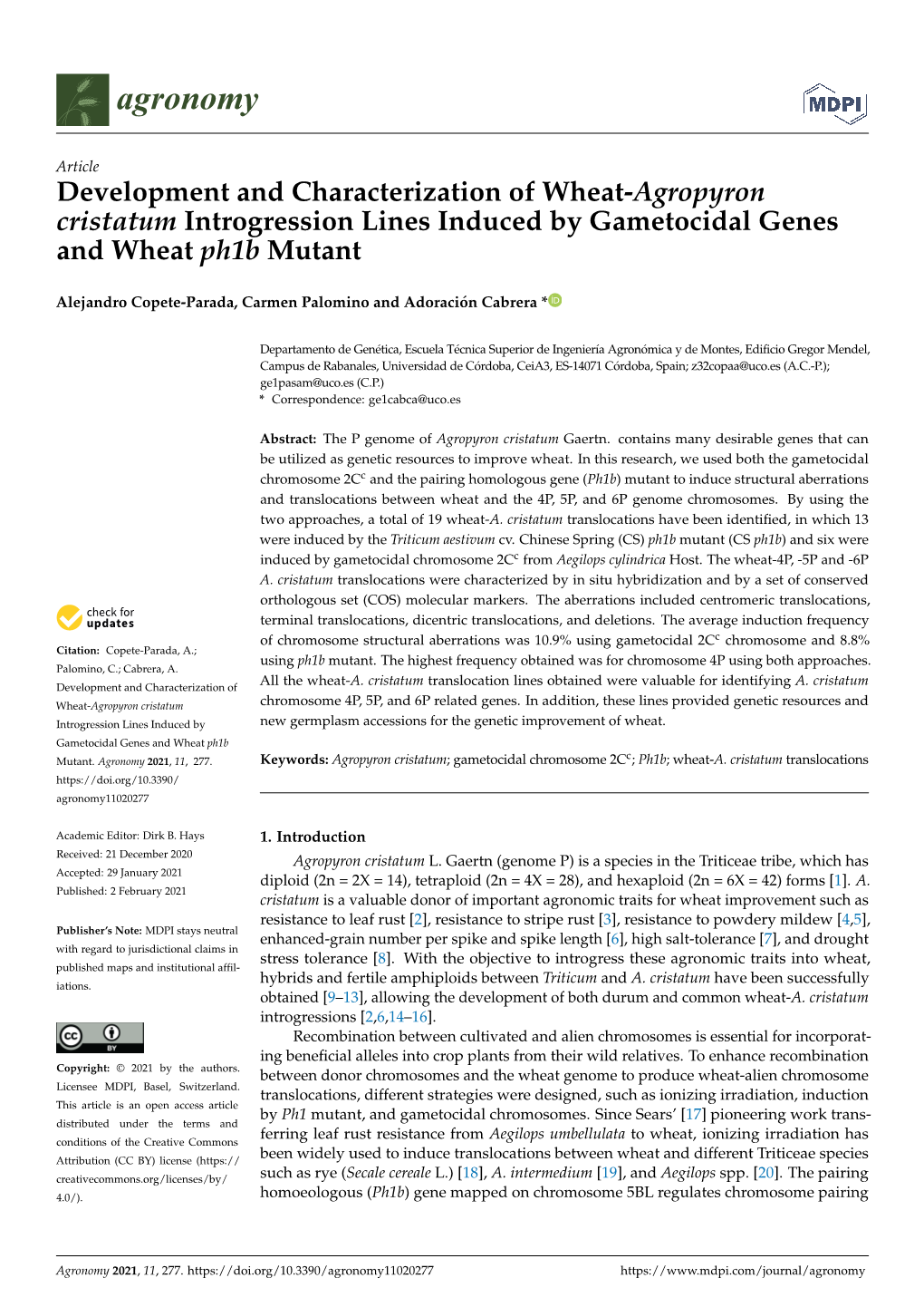 Development and Characterization of Wheat-Agropyron Cristatum Introgression Lines Induced by Gametocidal Genes and Wheat Ph1b Mutant