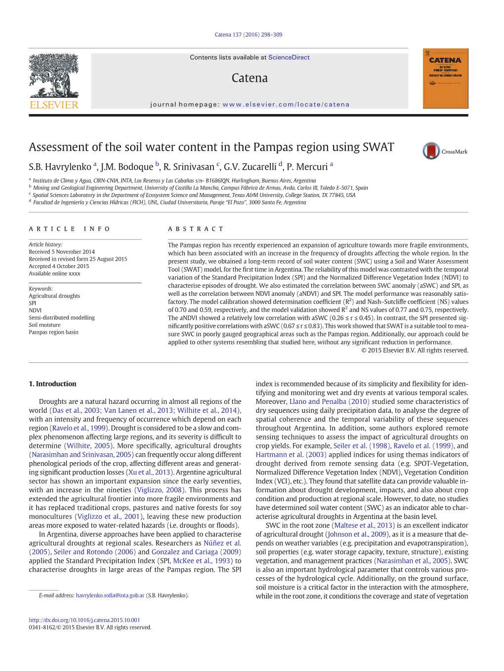 Assessment of the Soil Water Content in the Pampas Region Using SWAT