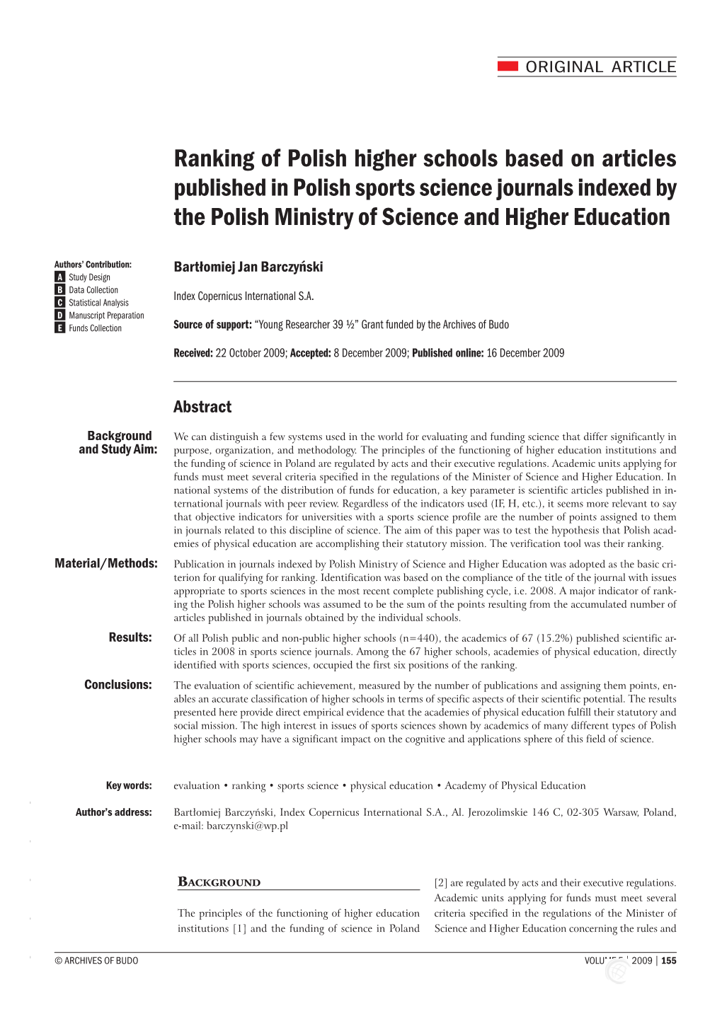 Ranking of Polish Higher Schools Based on Articles Published in Polish Sports Science Journals Indexed by the Polish Ministry of Science and Higher Education