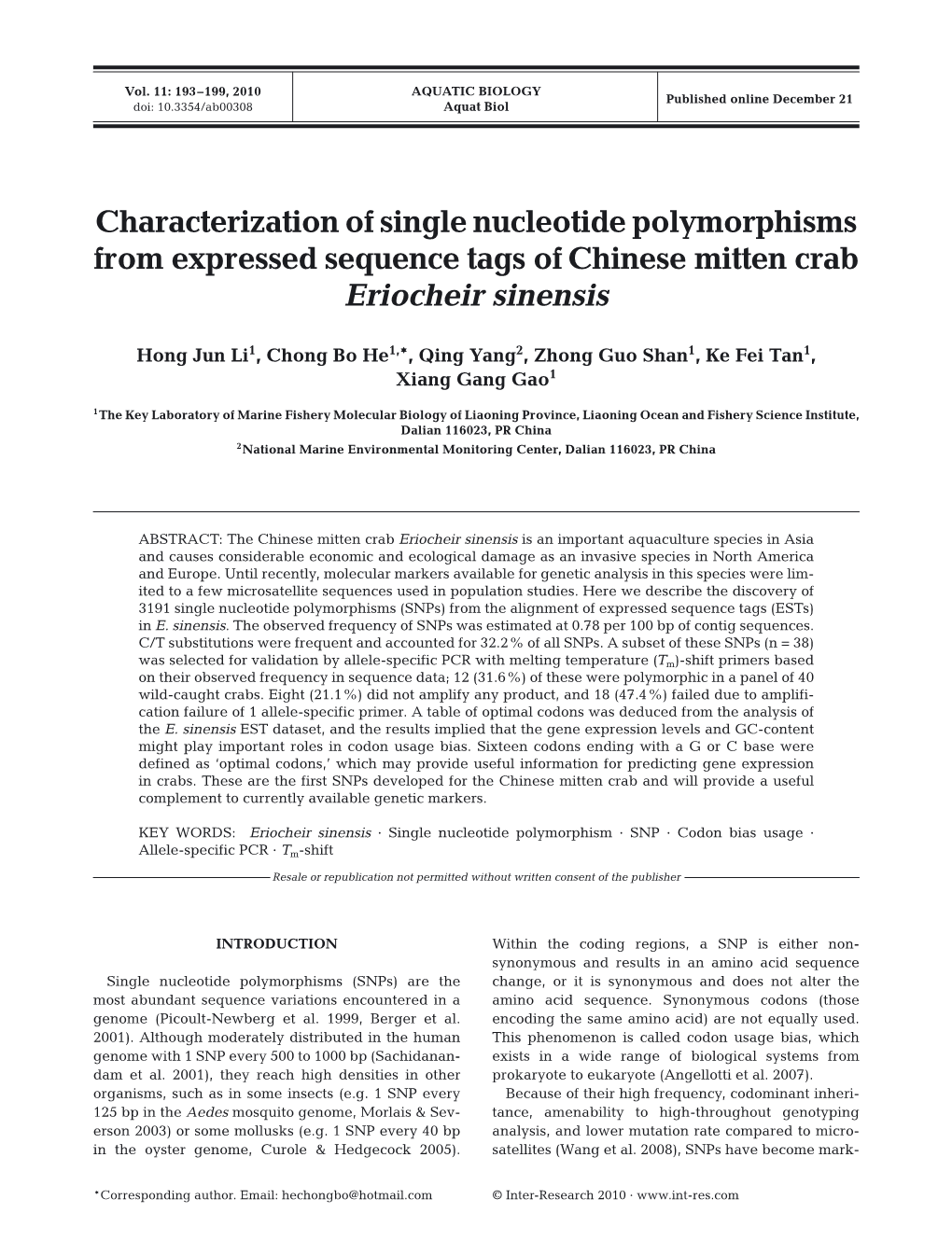 Characterization of Single Nucleotide Polymorphisms from Expressed Sequence Tags of Chinese Mitten Crab Eriocheir Sinensis