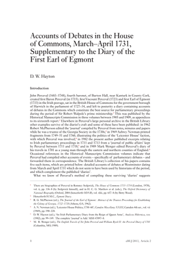 Accounts of Debates in the House of Commons, March–April 1731, Supplementary to the Diary of the First Earl of Egmont