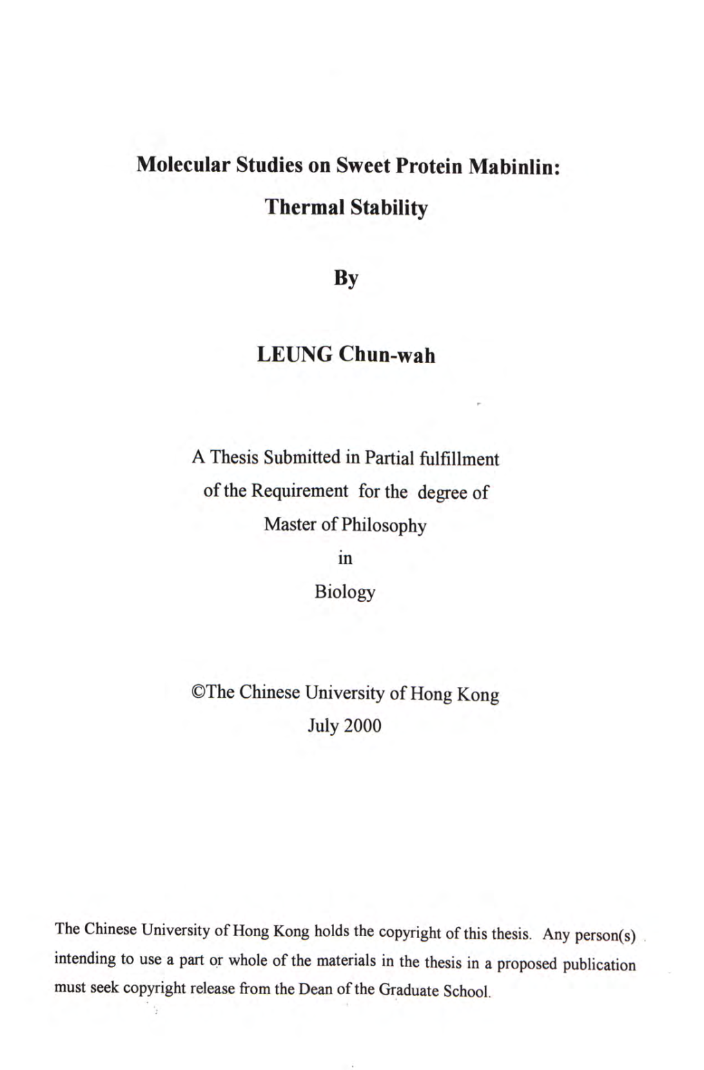 Molecular Studies on Sweet Protein Mabinlin;