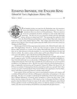 EDMOND IRONSIDE, the ENGLISH KING Edward De Vere’S Anglo-Saxon History Play