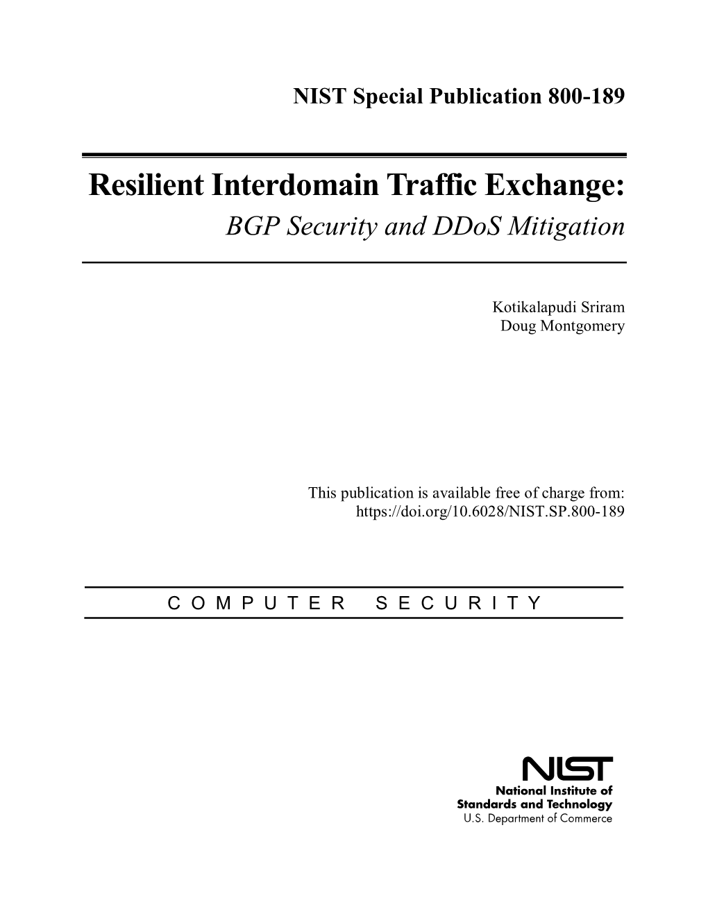 Nist Sp 800-189 Resilient Interdomain Traffic Exchange: Bgp Security & Ddos Mitigation