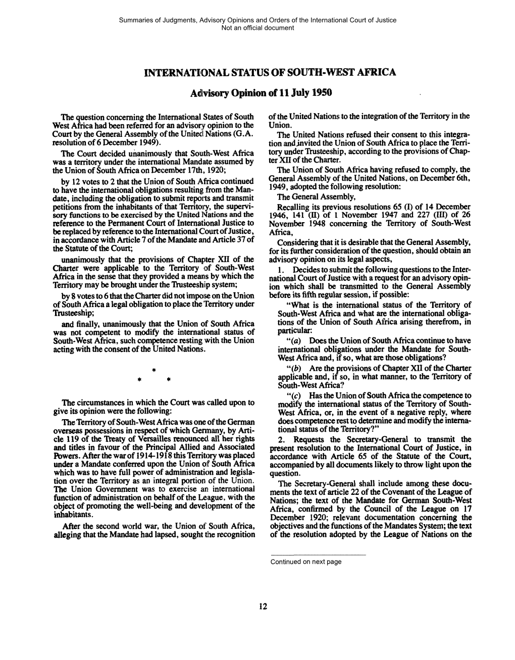 INTERNATFONAL STATUS of SOUTH-WEST AFRICA Adlvisory Opinion of 11 July 1950
