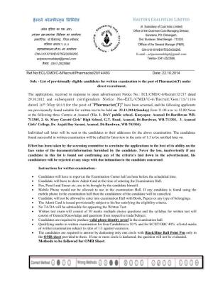 29.10.2012 and Subsequent Corrigendum Notice No:-ECL/CMD