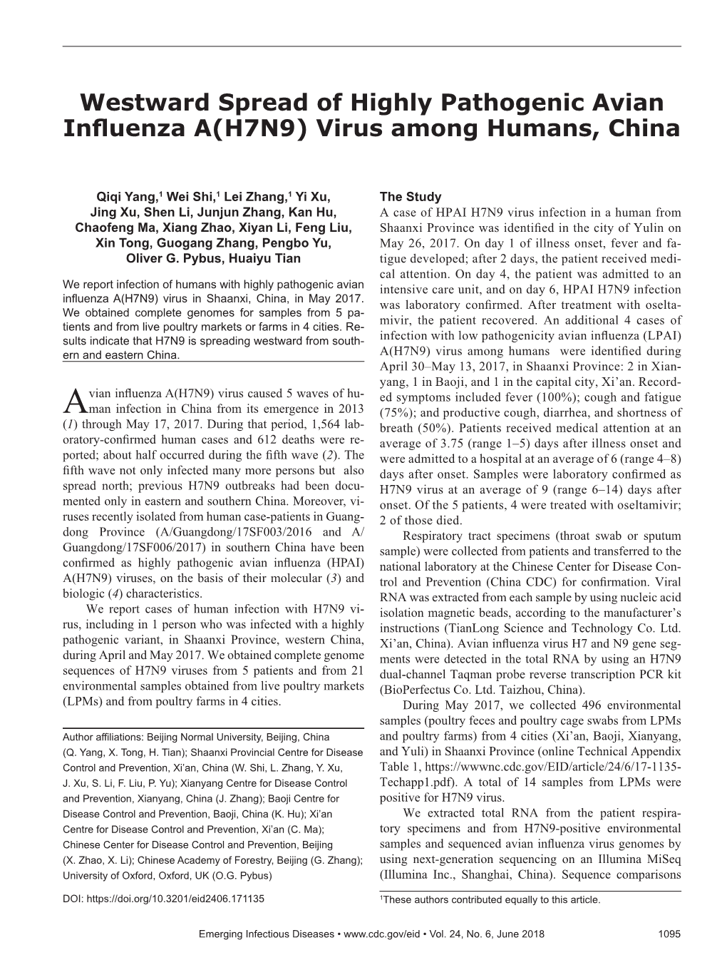 Westward Spread of Highly Pathogenic Avian Influenza A(H7N9) Virus Among Humans, China