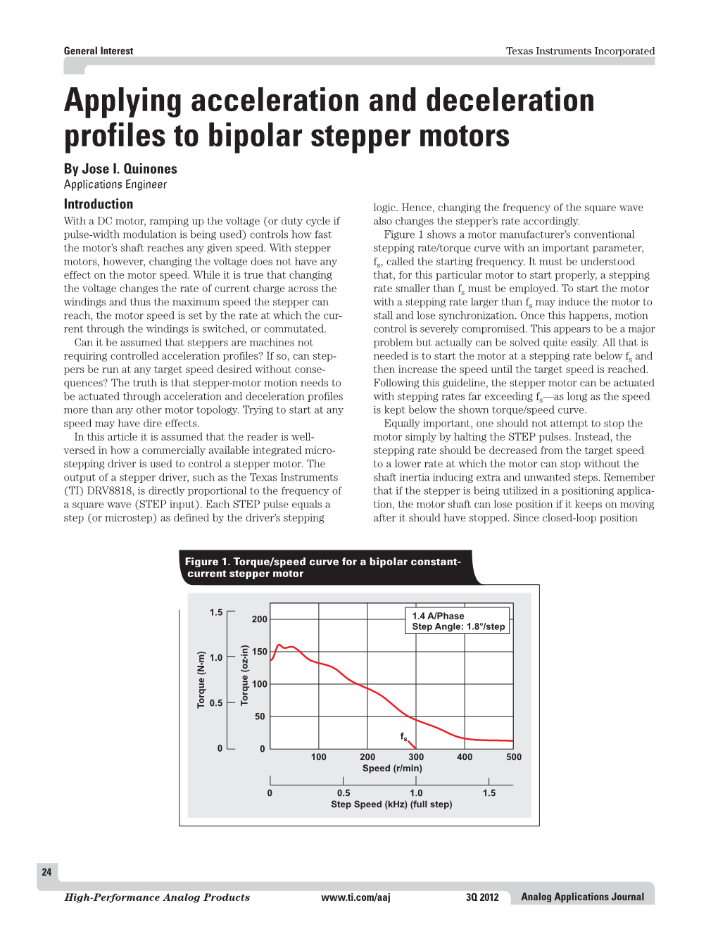 Applying Acceleration and Deceleration Profiles to Bipolar Stepper Motors by Jose I