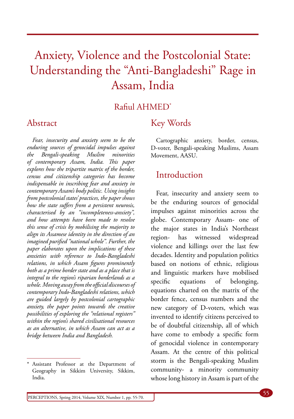 Anxiety, Violence and the Postcolonial State: Understanding the “Anti-Bangladeshi” Rage in Assam, India