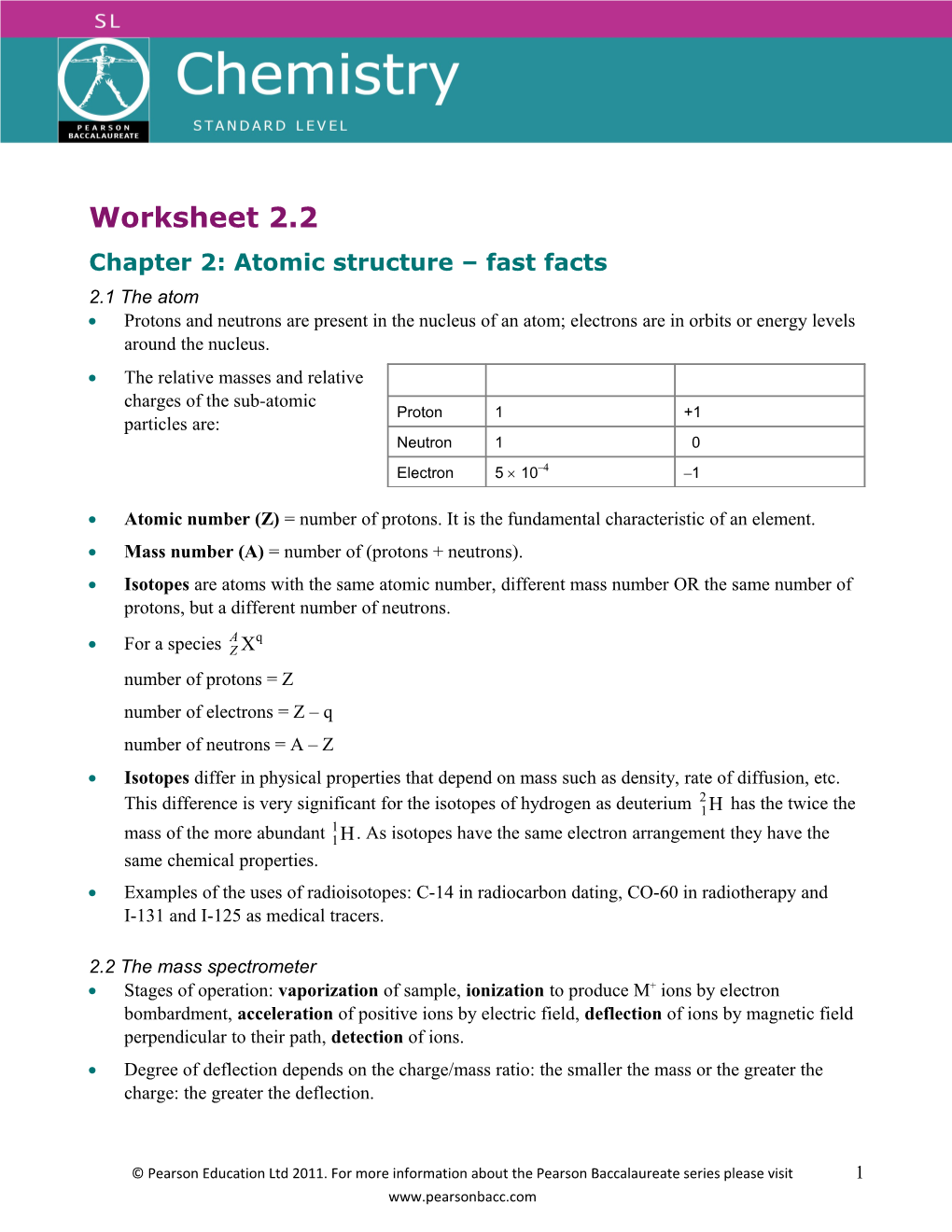 Chapter 2: Atomic Structure Fast Facts