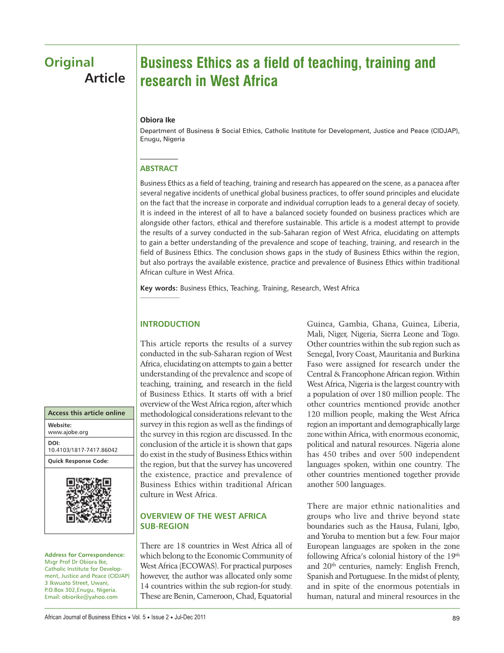 Business Ethics As a Field of Teaching, Training and Research in West Africa