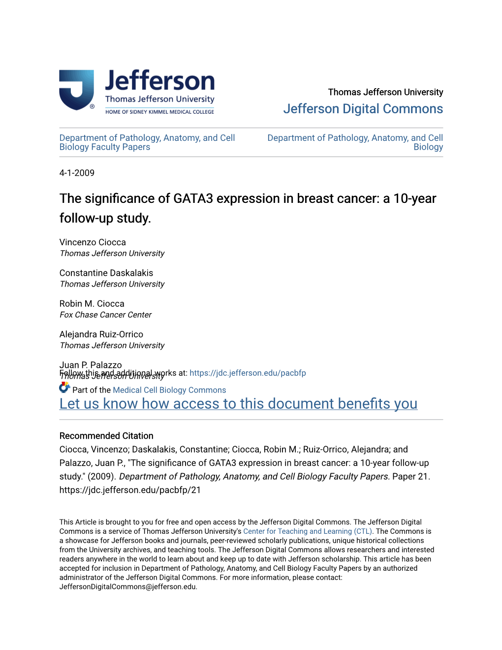 The Significance of GATA3 Expression in Breast Cancer: a 10-Year Follow-Up Study