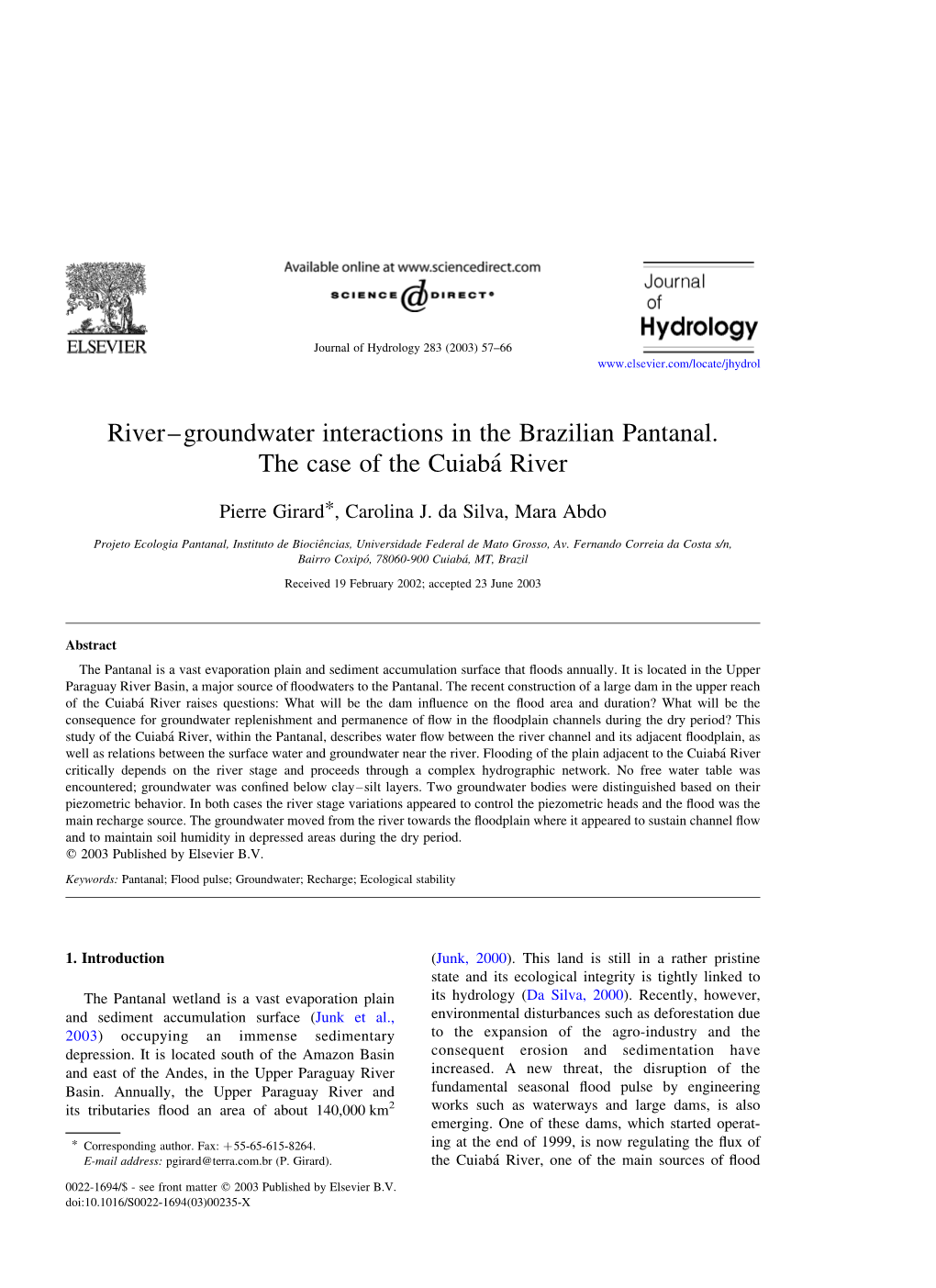 River–Groundwater Interactions in the Brazilian Pantanal. the Case of the Cuiaba´ River