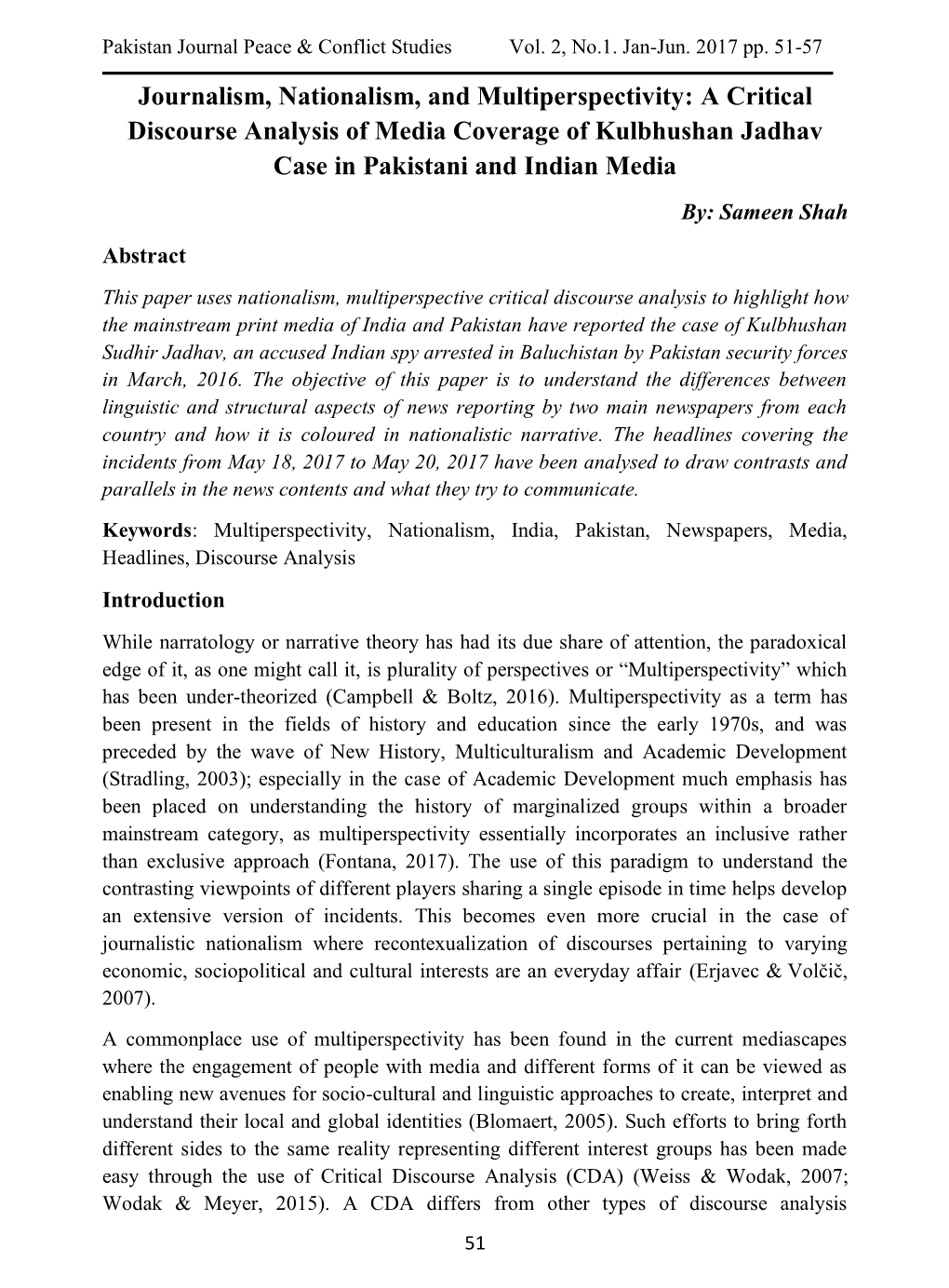 A Critical Discourse Analysis of Media Coverage of Kulbhushan Jadhav