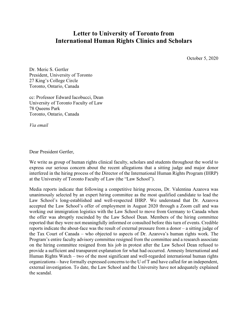 Letter to University of Toronto from International Human Rights Clinics and Scholars