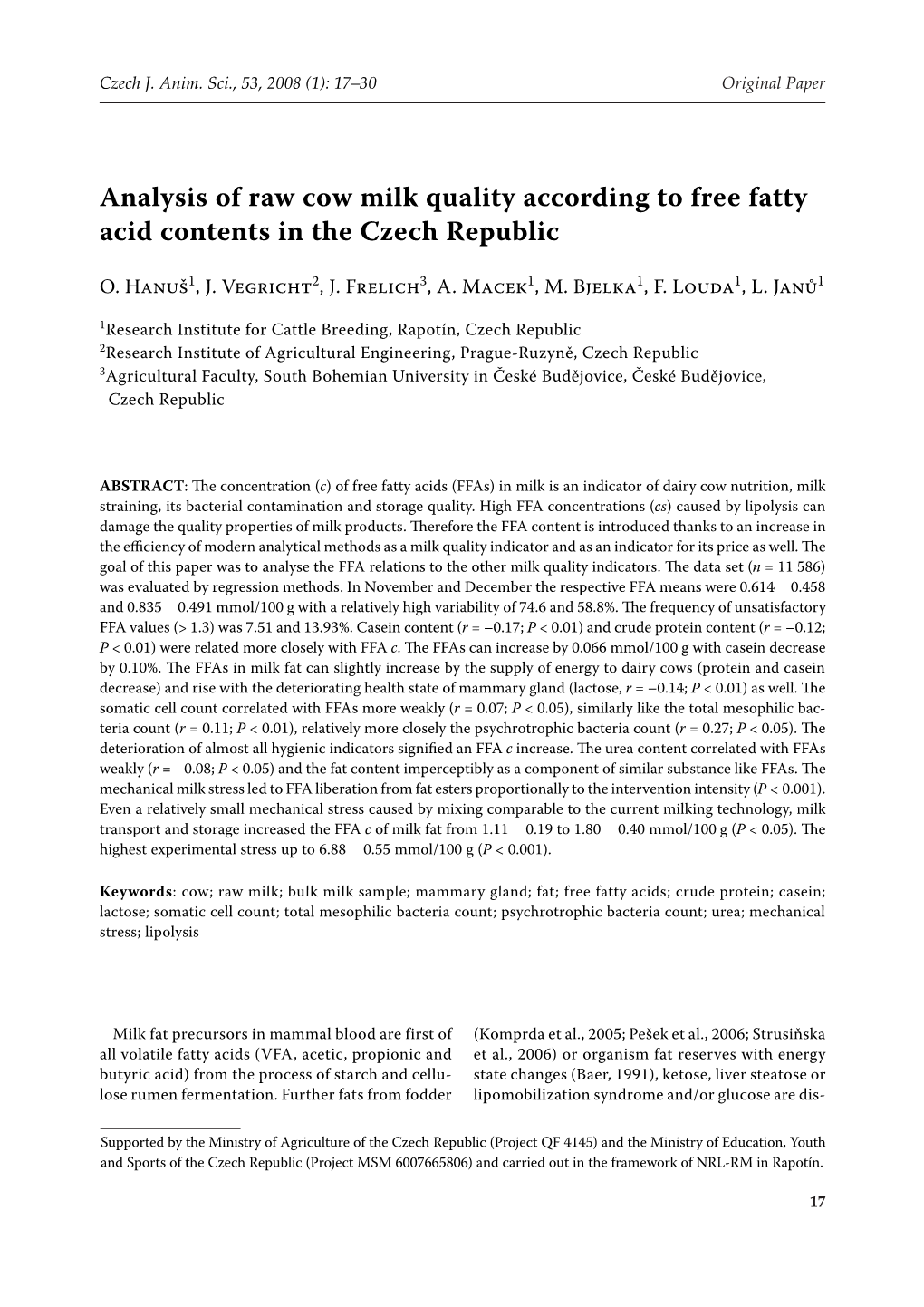 Analysis of Raw Cow Milk Quality According to Free Fatty Acid Contents in the Czech Republic