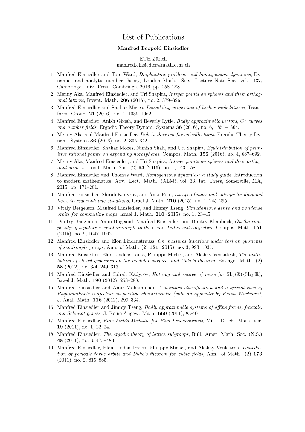 List of Publications Manfred Leopold Einsiedler