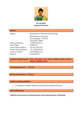 Dr.S.Amutha Assistant Professor Contact Address : Department Of