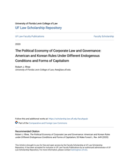 The Political Economy of Corporate Law and Governance: American and Korean Rules Under Different Endogenous Conditions and Forms of Capitalism