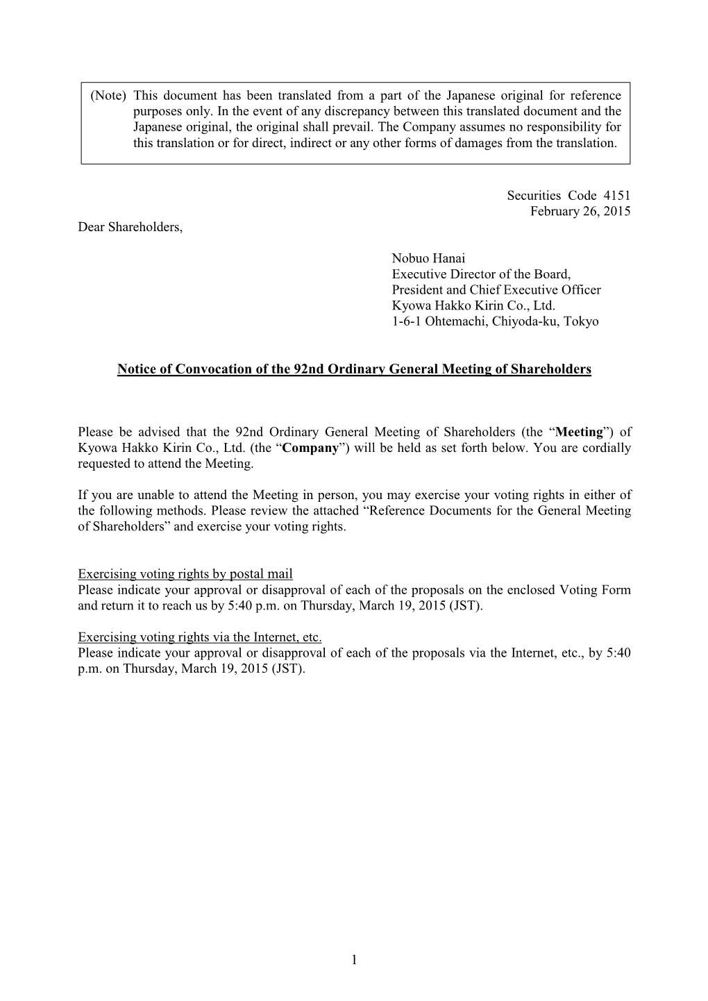 Notice of Convocation of the 92Nd Ordinary General Meeting of Shareholders