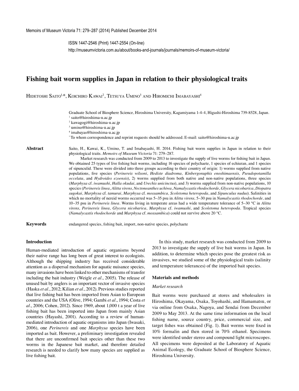 Fishing Bait Worm Supplies in Japan in Relation to Their Physiological Traits