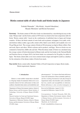 Biotin Content Table of Select Foods and Biotin Intake in Japanese