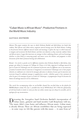 Cuban Music Is African Music”: Productive Frictions in the World Music Industry