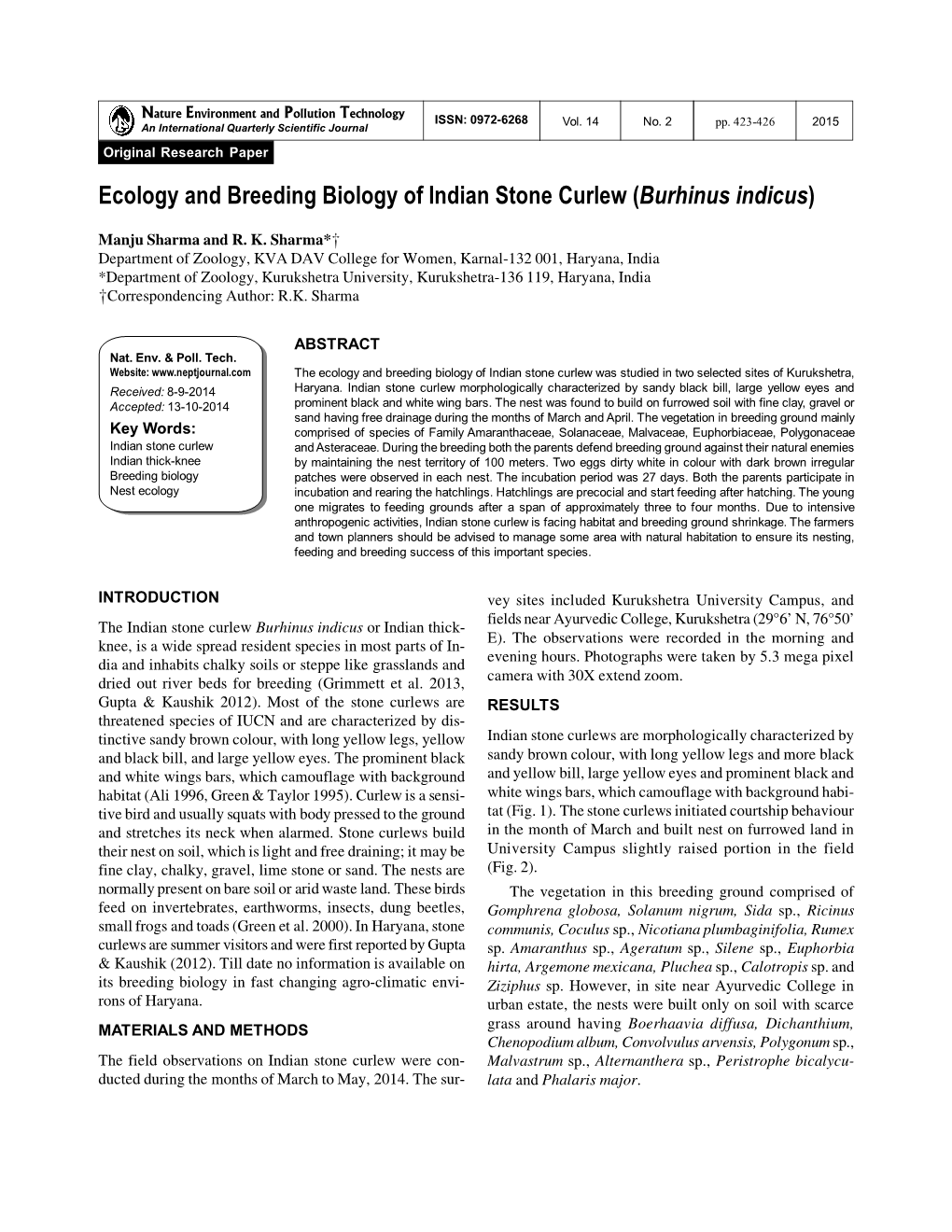 Ecology and Breeding Biology of Indian Stone Curlew (Burhinus Indicus)