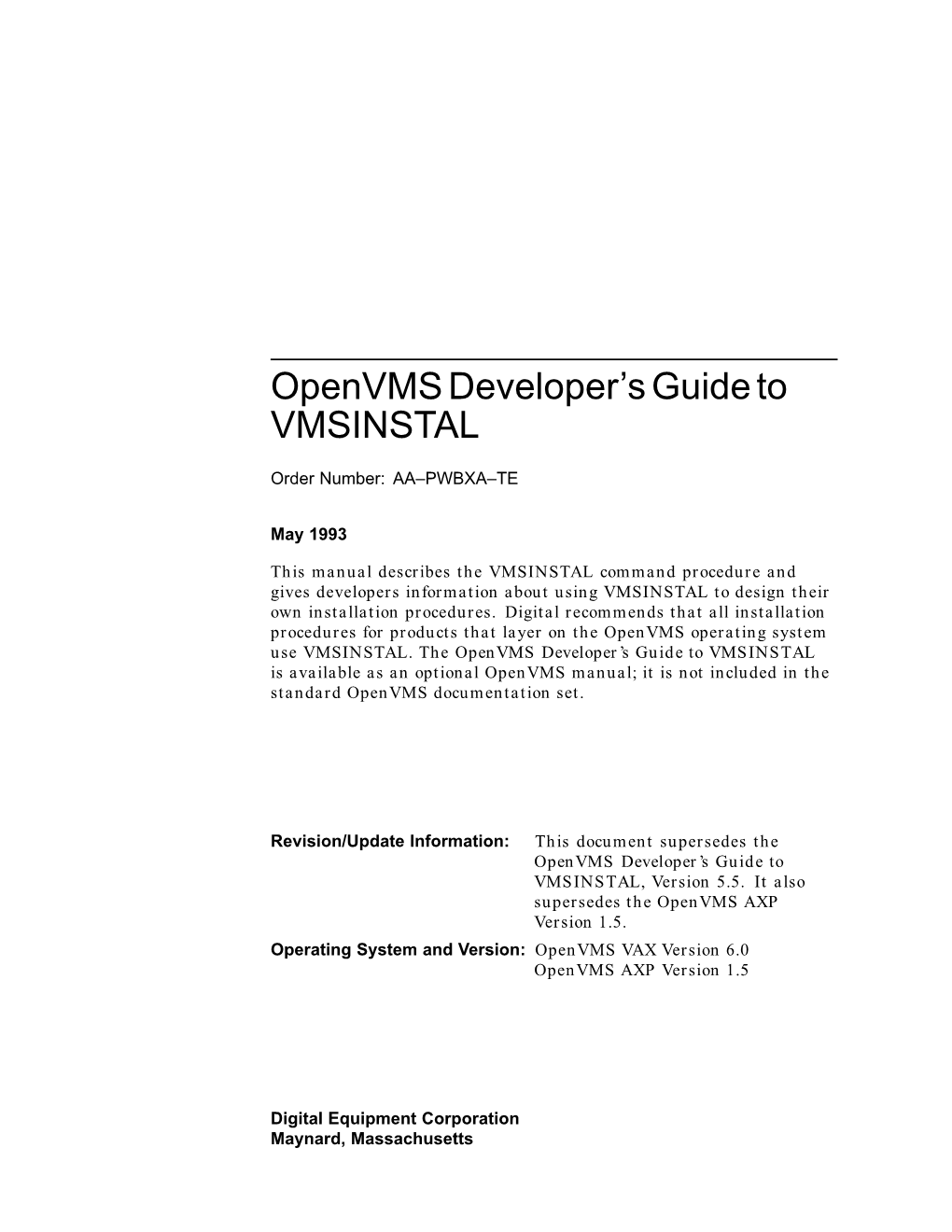 Openvms Developer's Guide to VMSINSTAL