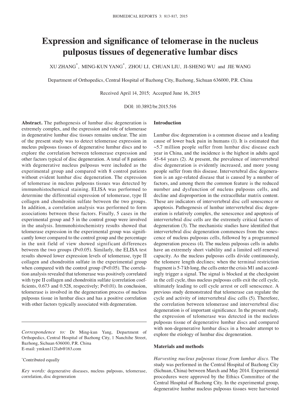 Expression and Significance of Telomerase in the Nucleus Pulposus Tissues of Degenerative Lumbar Discs