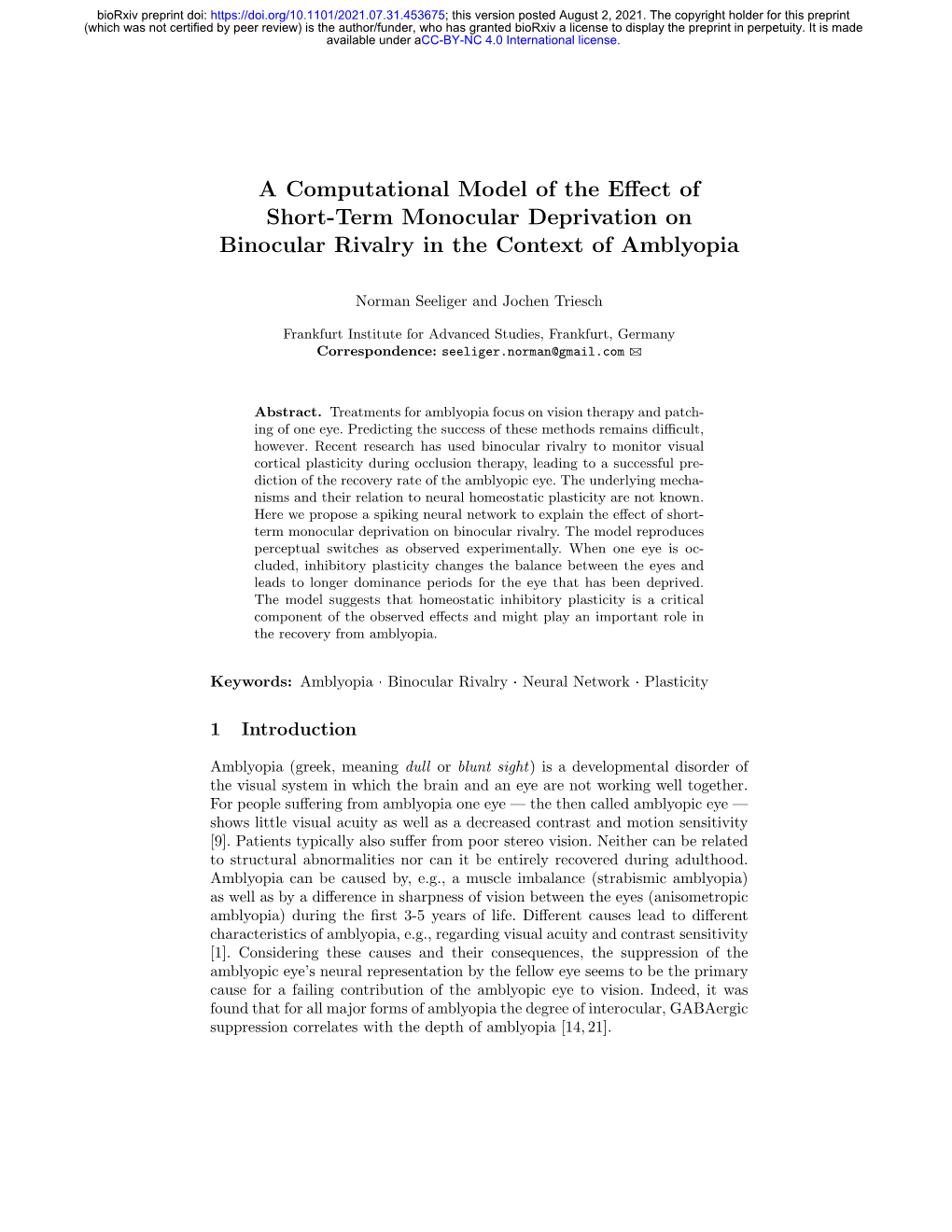 A Computational Model of the Effect of Short-Term Monocular Deprivation on Binocular Rivalry in the Context of Amblyopia