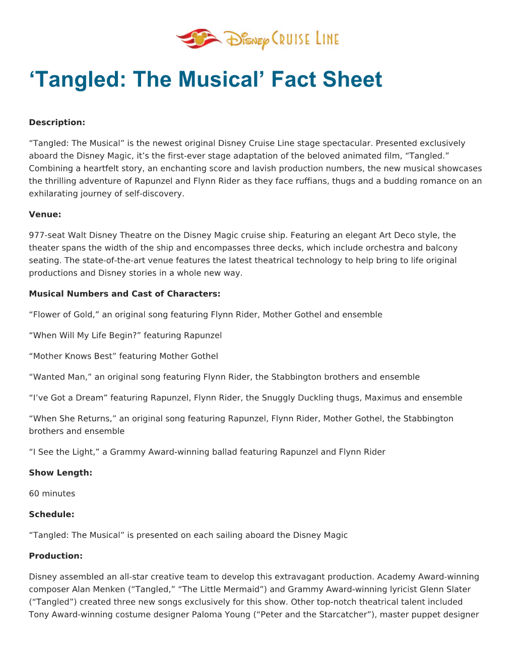 Tangled: the Musical’ Fact Sheet