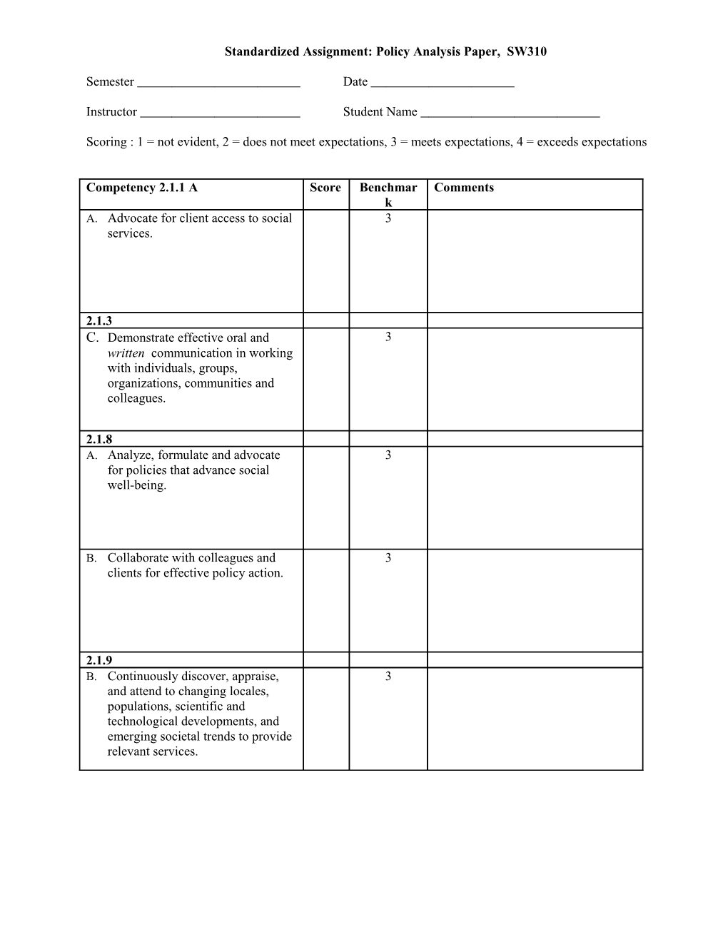 Standardized Assignment: Policy Analysis Paper, SW310, Semester ______ Date ______