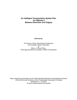 An Intelligent Transportation System Plan for Highway 2 Between Edmonton and Calgary