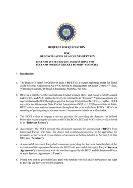 REQUEST for QUOTATION for A. the Board of Control for Cricket In
