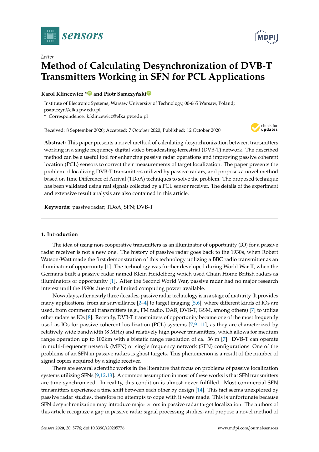 Method of Calculating Desynchronization of DVB-T Transmitters Working in SFN for PCL Applications