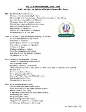 ALEX AWARD WINNERS, 1998 - 2021 Books Written for Adults with Special Appeal to Teens