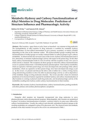 Metabolic-Hydroxy and Carboxy Functionalization of Alkyl Moieties in Drug Molecules: Prediction of Structure Inﬂuence and Pharmacologic Activity