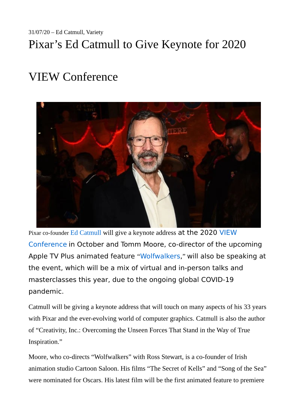 Pixar's Ed Catmull to Give Keynote for 2020 VIEW Conference