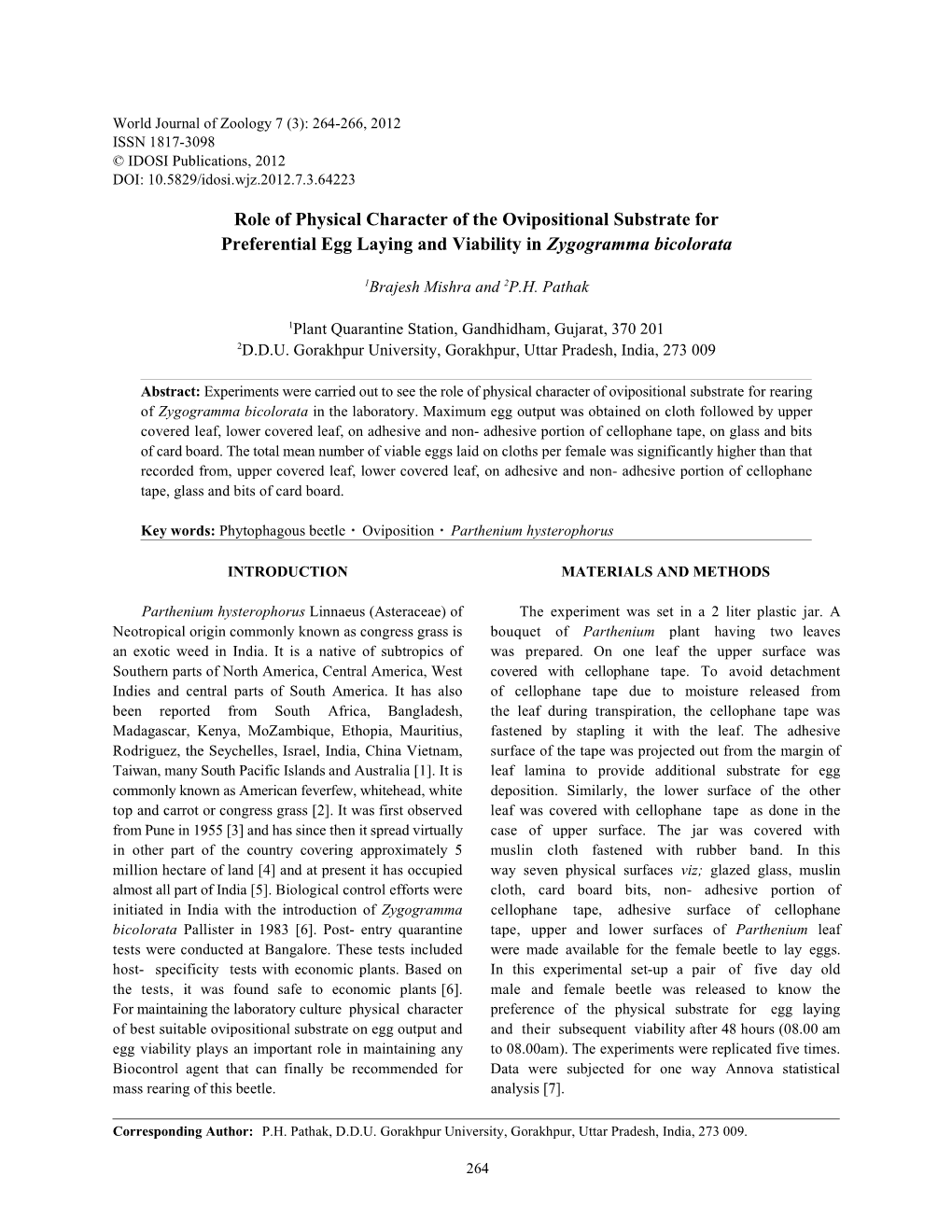 Role of Physical Character of the Ovipositional Substrate for Preferential Egg Laying and Viability in Zygogramma Bicolorata