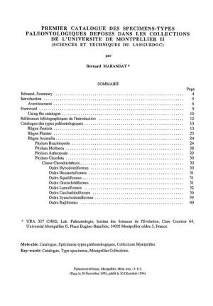 Premier Catalogue Des Specimens-Types Paleontologiques Deposes Dans Les Collections De L'universite De Montpellier Ii (Sciences Et Techniques Du Languedoc)