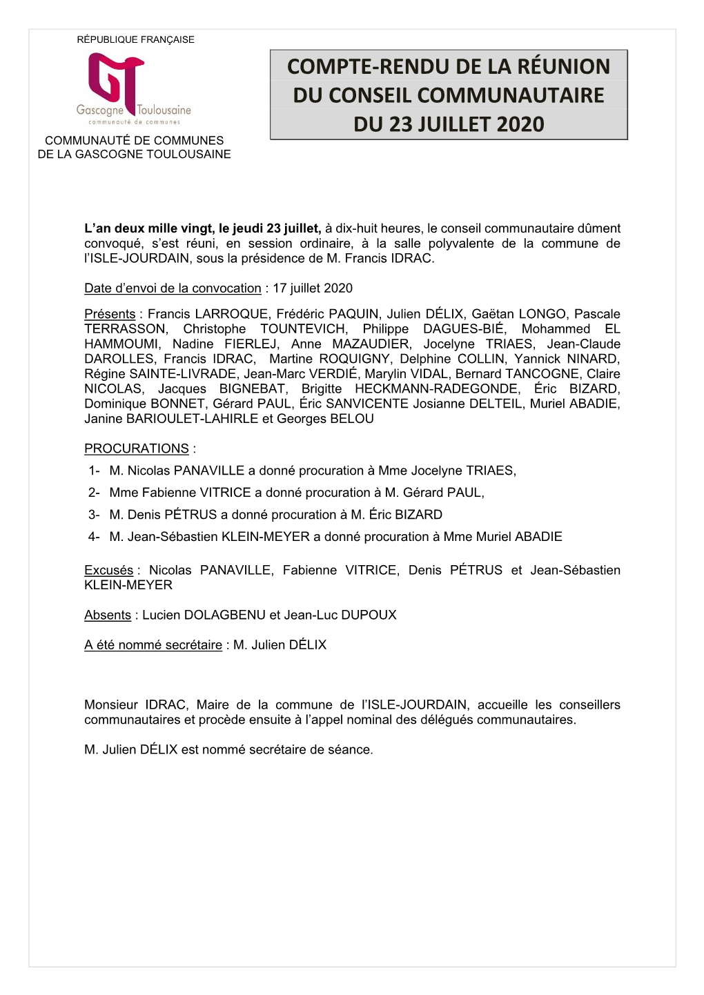 Compte-Rendu De La Réunion Du Conseil Communautaire Du 23 Juillet