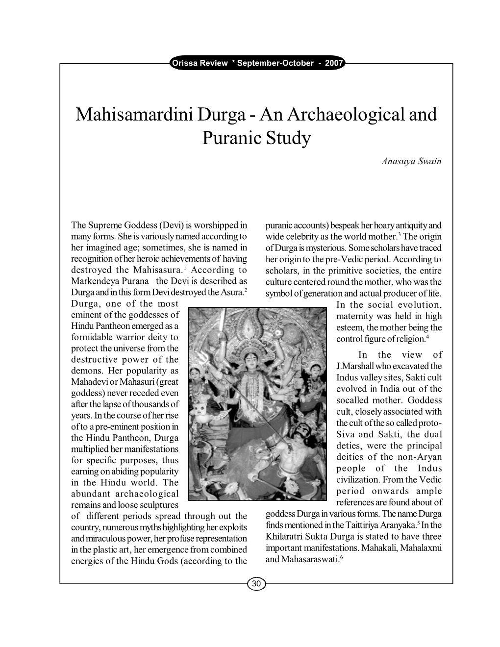 Mahisamardini Durga - an Archaeological and Puranic Study Anasuya Swain