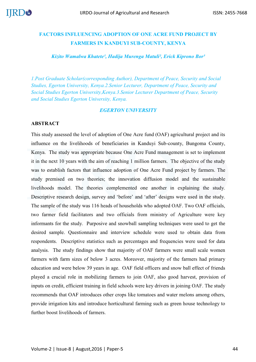 Factors Influencing Adoption of One Acre Fund Project by Farmers in Kanduyi Sub-County, Kenya