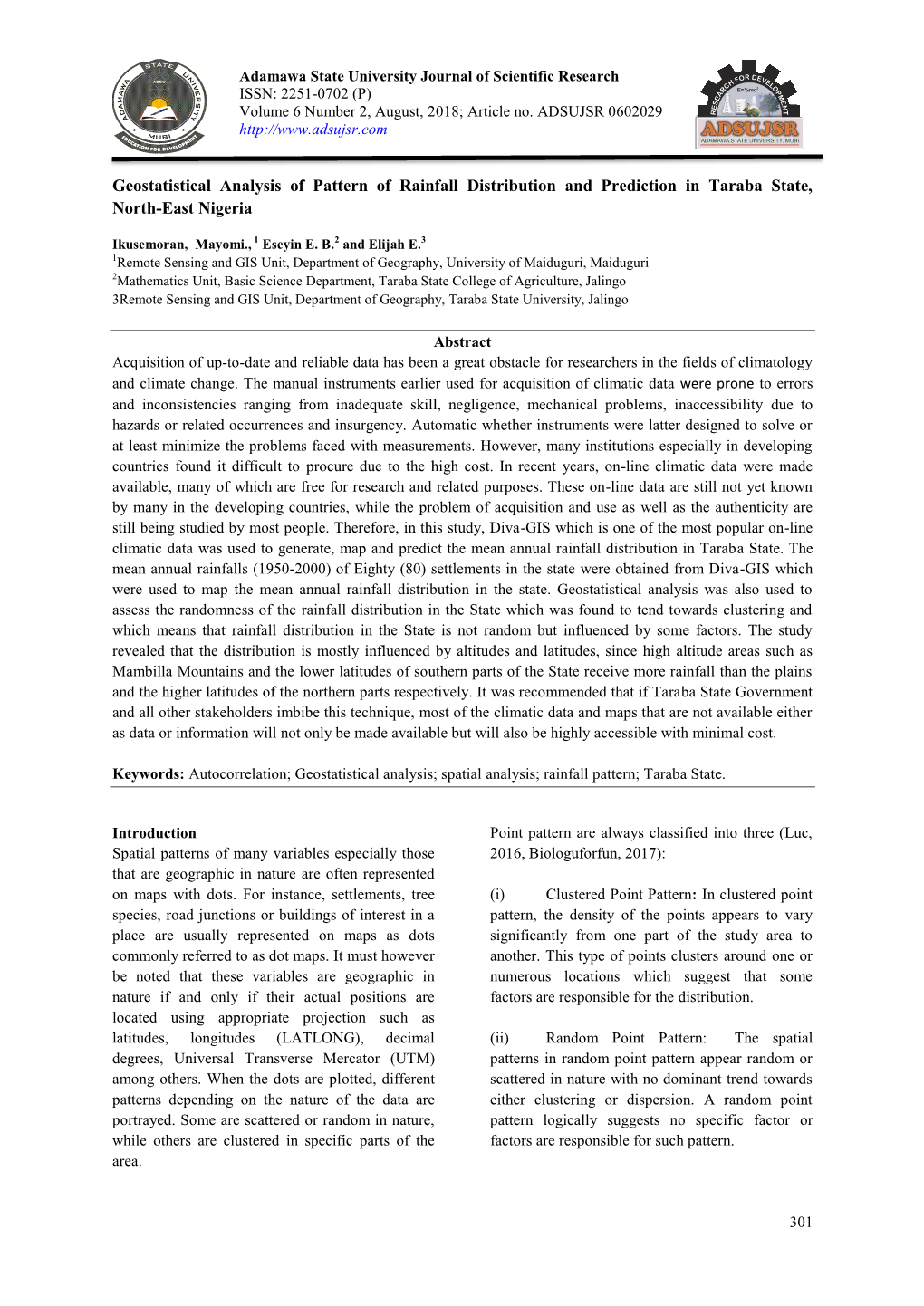 Geostatistical Analysis of Pattern of Rainfall Distribution and Prediction in Taraba State, North-East Nigeria