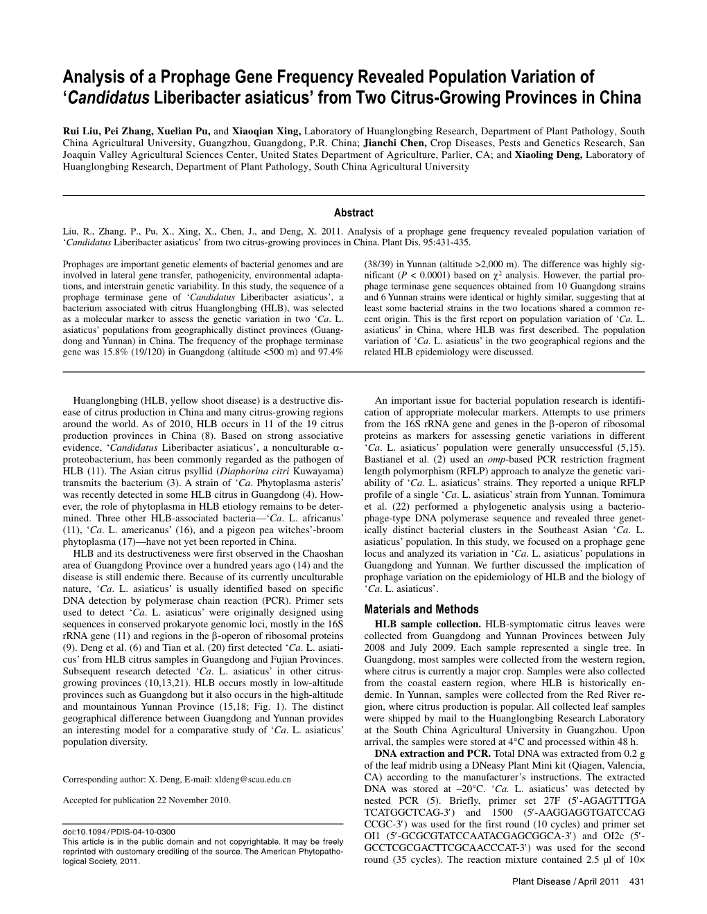 'Candidatus Liberibacter Asiaticus' from Two Citrus-Growing Provinces