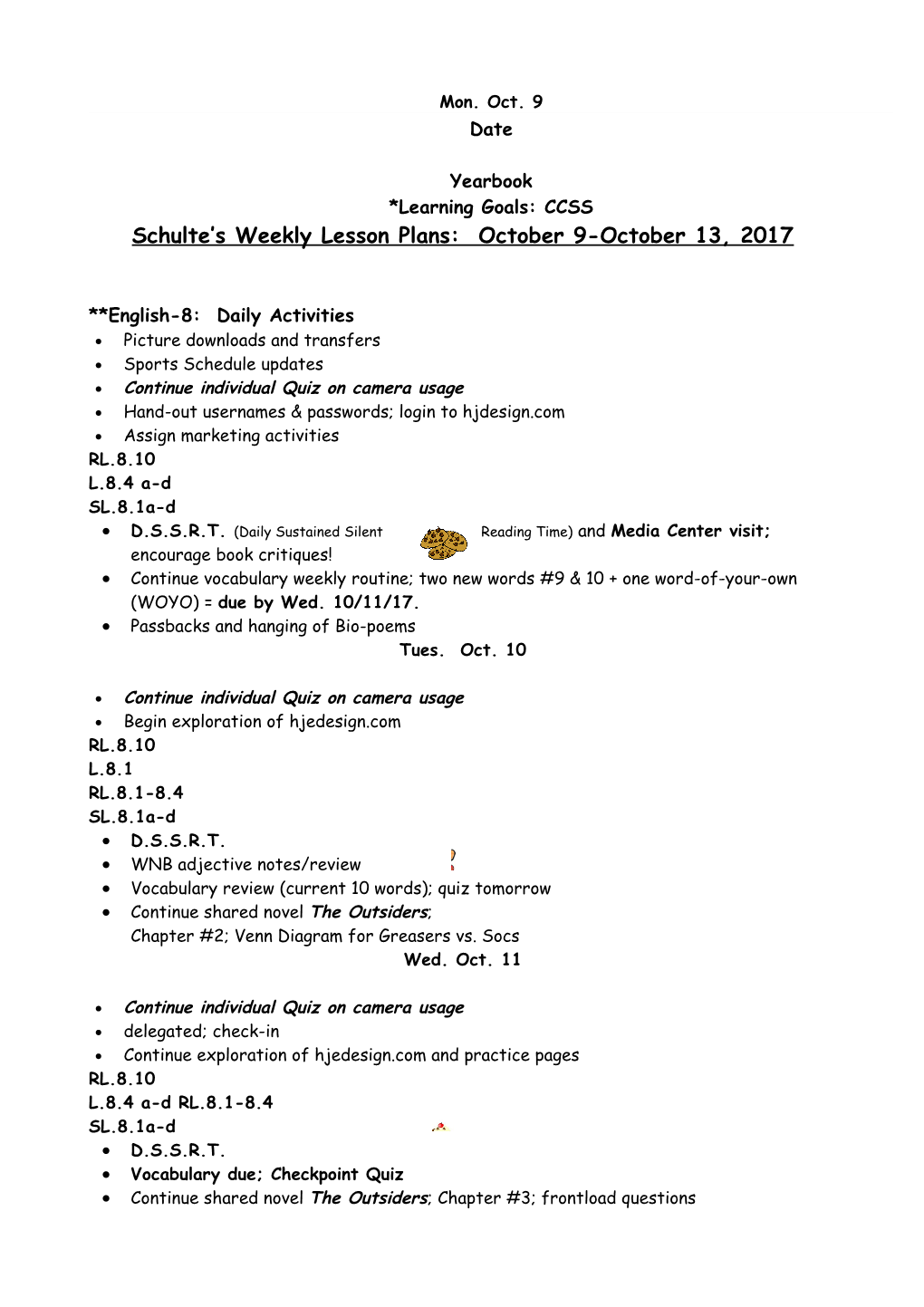 Schulte S Weekly Lesson Plans: October 9-October 13, 2017